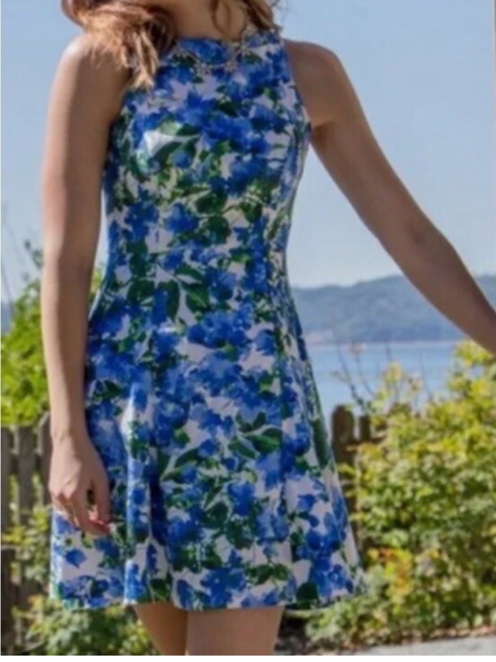 Milly Blue & Green Floral Sleeveless Fit-and-Flare Dress